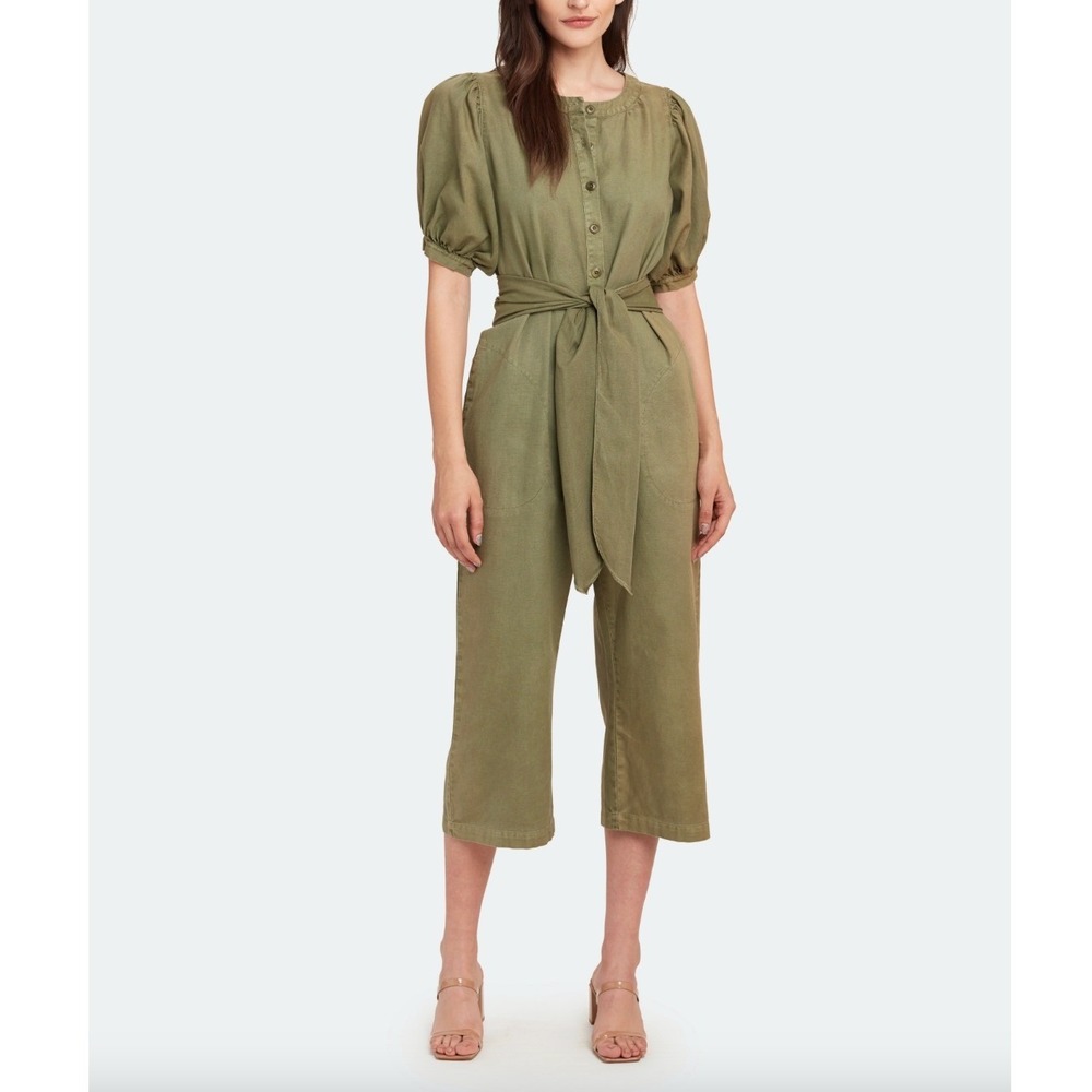 THE GREAT. The Homeroom Tie Belt Puff Sleeve Jumpsuit